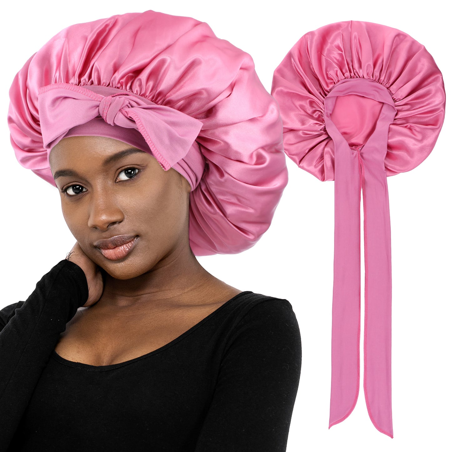 Wanmu Satin Bonnet for Women, Silk Bonnets for Sleeping, Silk Hair Bonnet, Bonnet with Tie Band Satin Bonnet, Reversible Double Layer Sleep Cap Hair Wrap (Bean Paste)