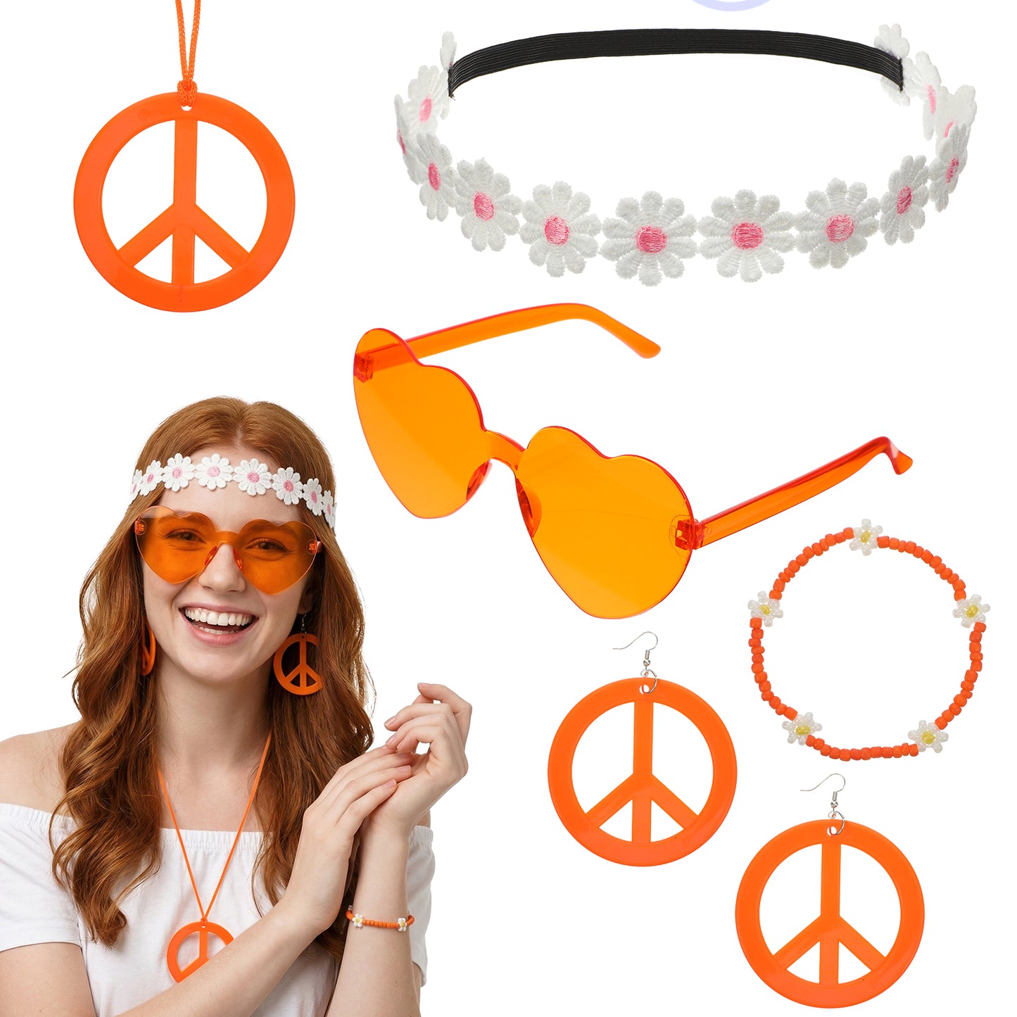 Hpmjz 6Pcs Hippie Costume Accessories Set, Boho Peace Sign Daisy Flower Heart Hippie Sunglasses and Peace Sign Necklaces and Earrings 60s 70s Party Favors Decorations for Groovy Party Girls Women