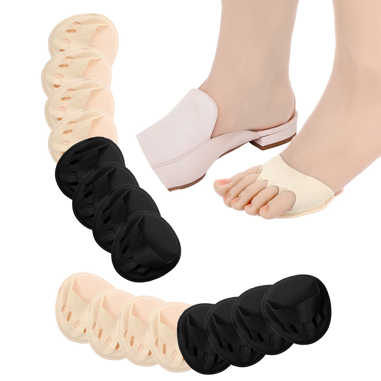 Wanmu 8Pair Forefoot Pads, Anti-Slip Ball of Foot Cushion Pads, Reusable Metatarsal Pad, Invisible High Heels Toe Topper Socks Liner Toeless Half Sock for Women Prevention Pain Relief, Foot Support