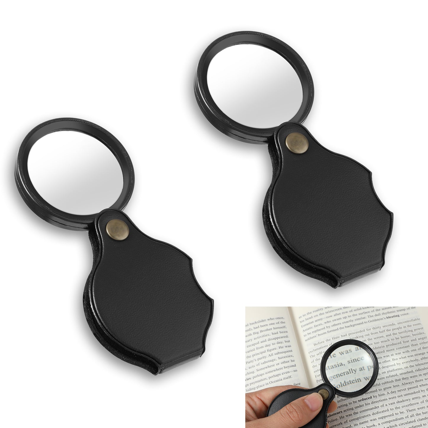 2 Pcs Mini Magnifying Glass 10X Pocket Folding Magnifier Portable Magnify Glass with Rotating Protective Holster Sheath for Jewelry Repairing Reading Newspaper Book Magazine Close Work