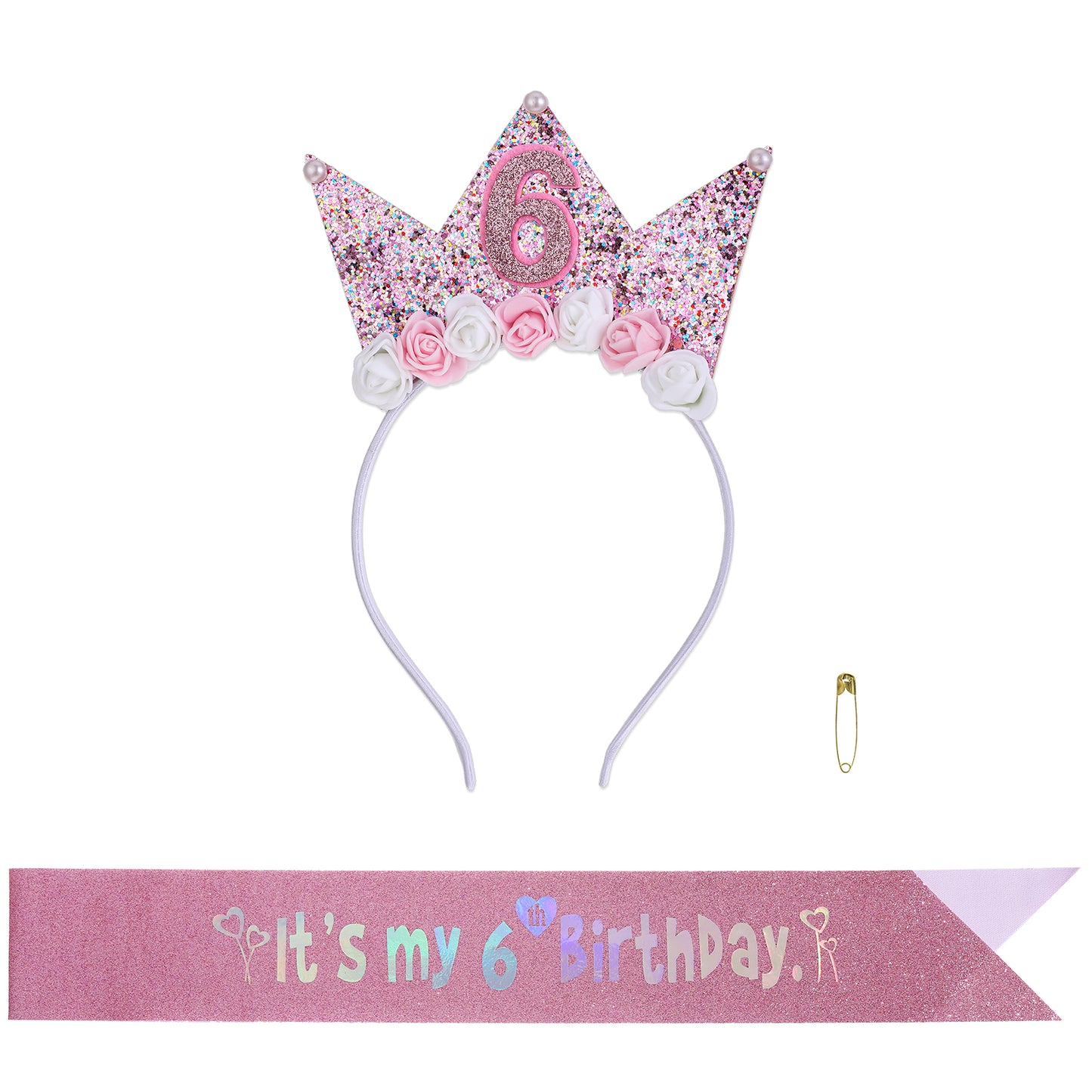 COMNICO Birthday Tiara for Girls, 2 Pcs 6th Princess Crown Girl Headband Happy Birthday Headpiece Glitter Hair Band Birthday Decorations Hair Accessory for Women and Girls