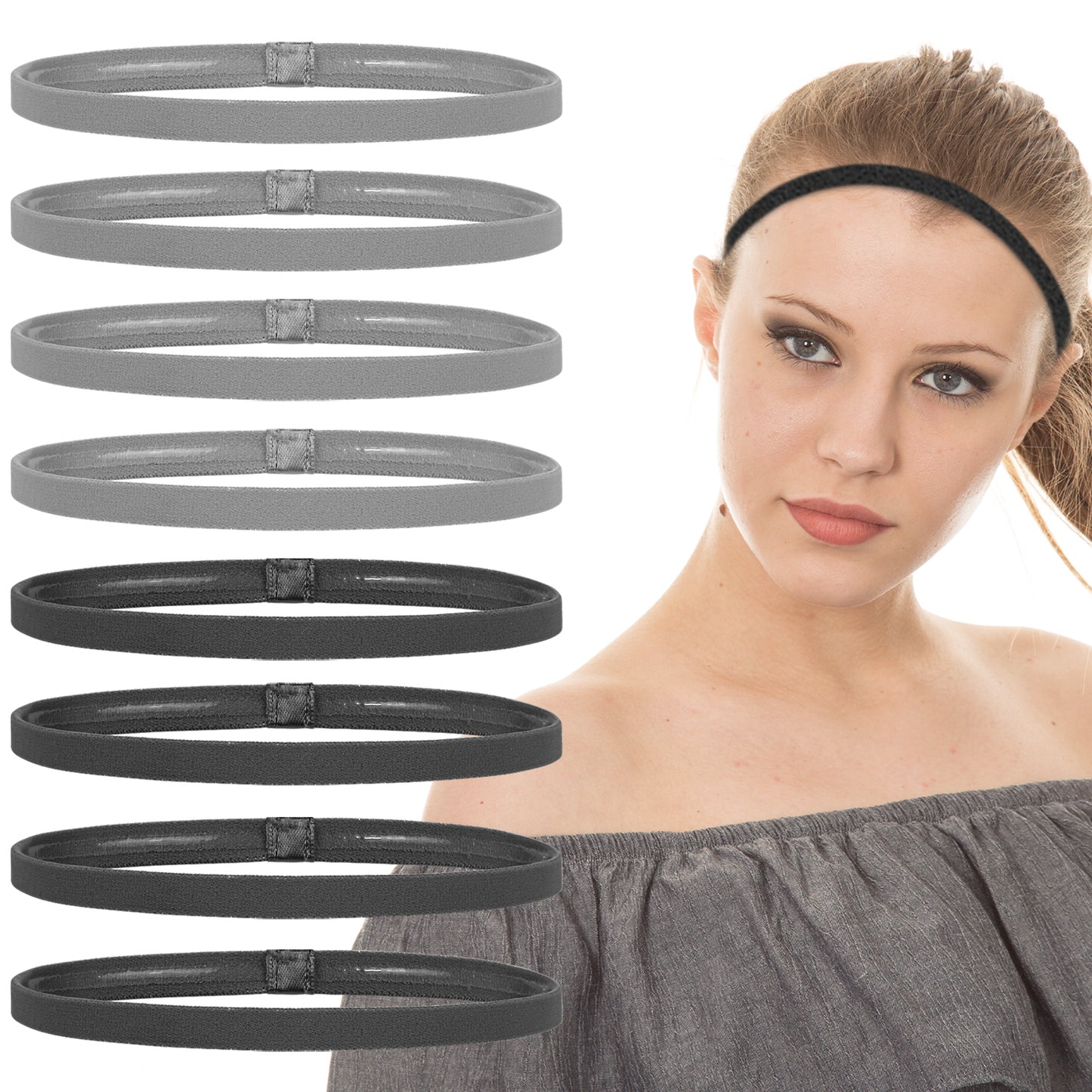 Wanmu 8Pcs Thin Sports Elastic Headbands, Black SkinnyHair Bands with Non-Slip Silicone Grip for Men Women Long Hair, Athletic Headbands for Yoga Basketball Football Tennis