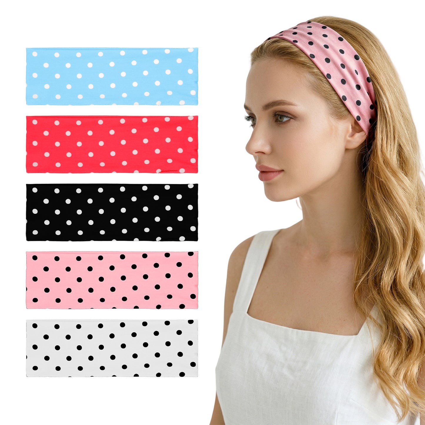 FNANJWQ 5PCS Cute Polka Dot Headband for Women, Non Slip Soft Elastic Stretchy Floral Fabric Head Wrap Breathable Fashion Wide Hair Bands for Hairstyles & Daily Outfits