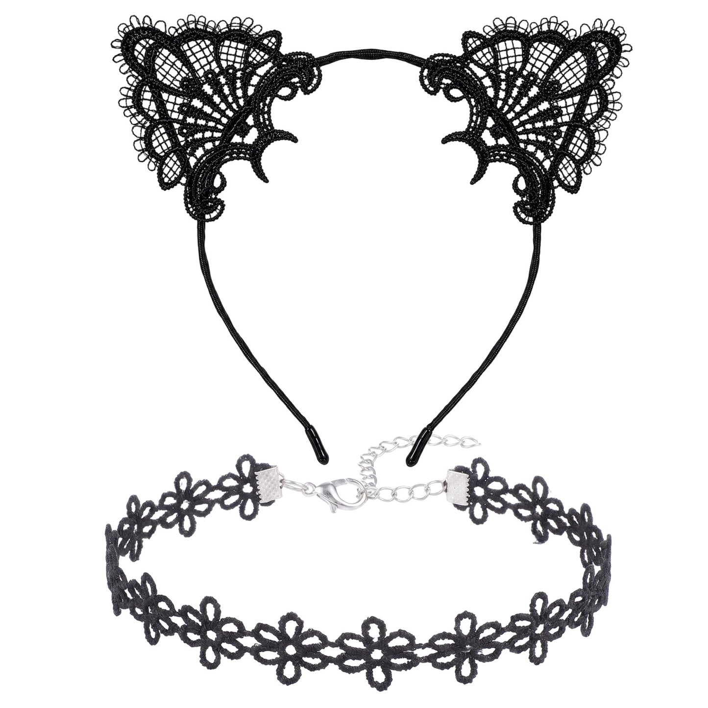 Halloween Black Lace Cat Ear Headband & Collar for Women