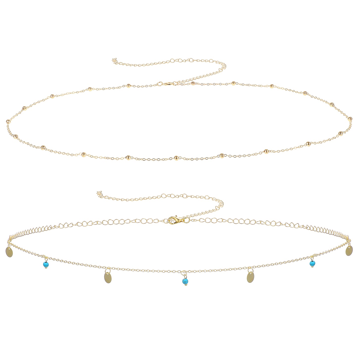 COMNICO 2Pcs Gold Belt Chain, Gold Waist Chain Layered BellyChain Adjustable Metal Link BodyChain Belt Waterproof BeadsChain CoinChain Jewelry Gifts for Women (Round turquoise)