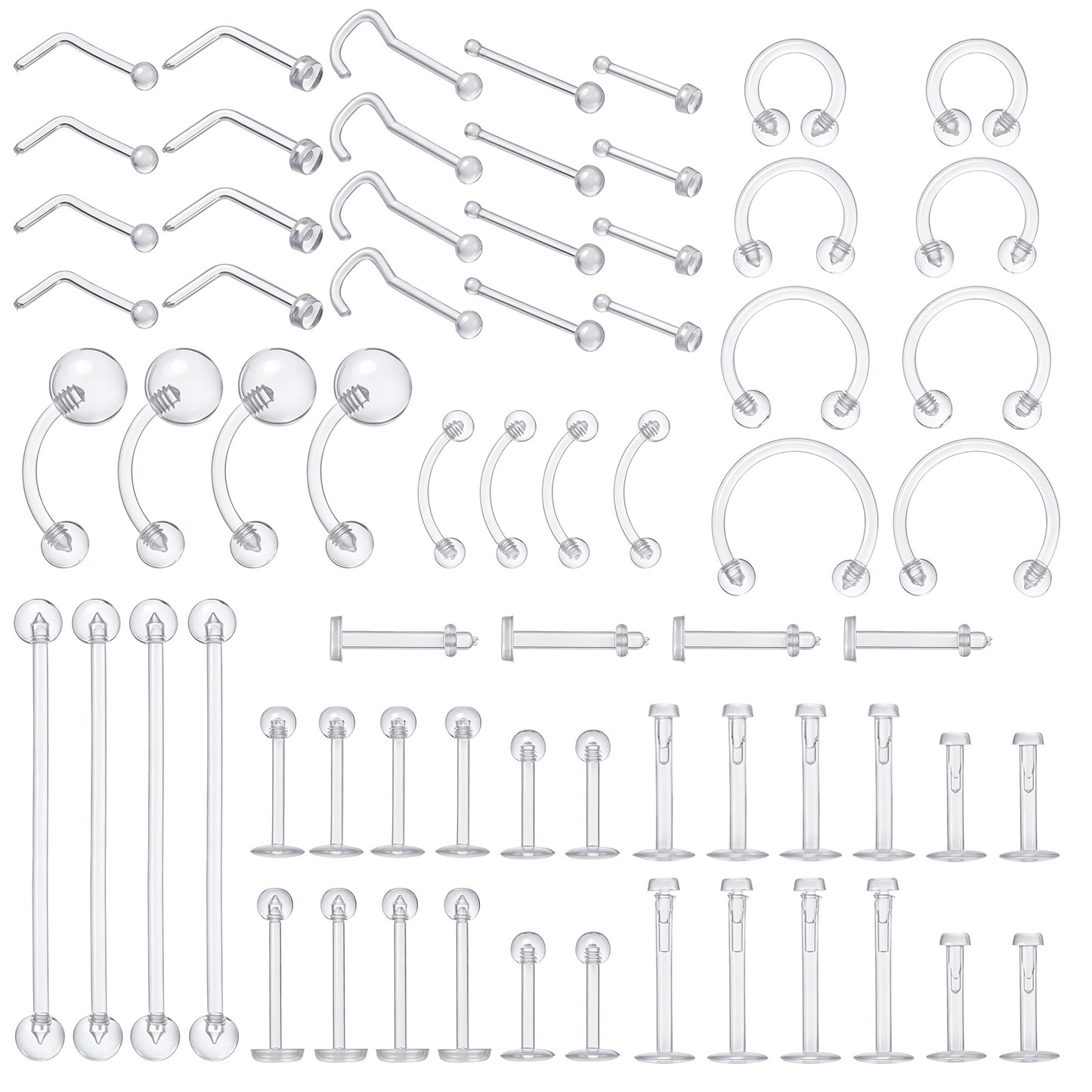 Heclia 72 Pcs Piercing Retainers Clear Piercings Invisible Piercing Jewelry Kit for Eyebrow Nose Studs Lip Tongue Belly Tragus Earring Rings Women Men Work Sports Travel