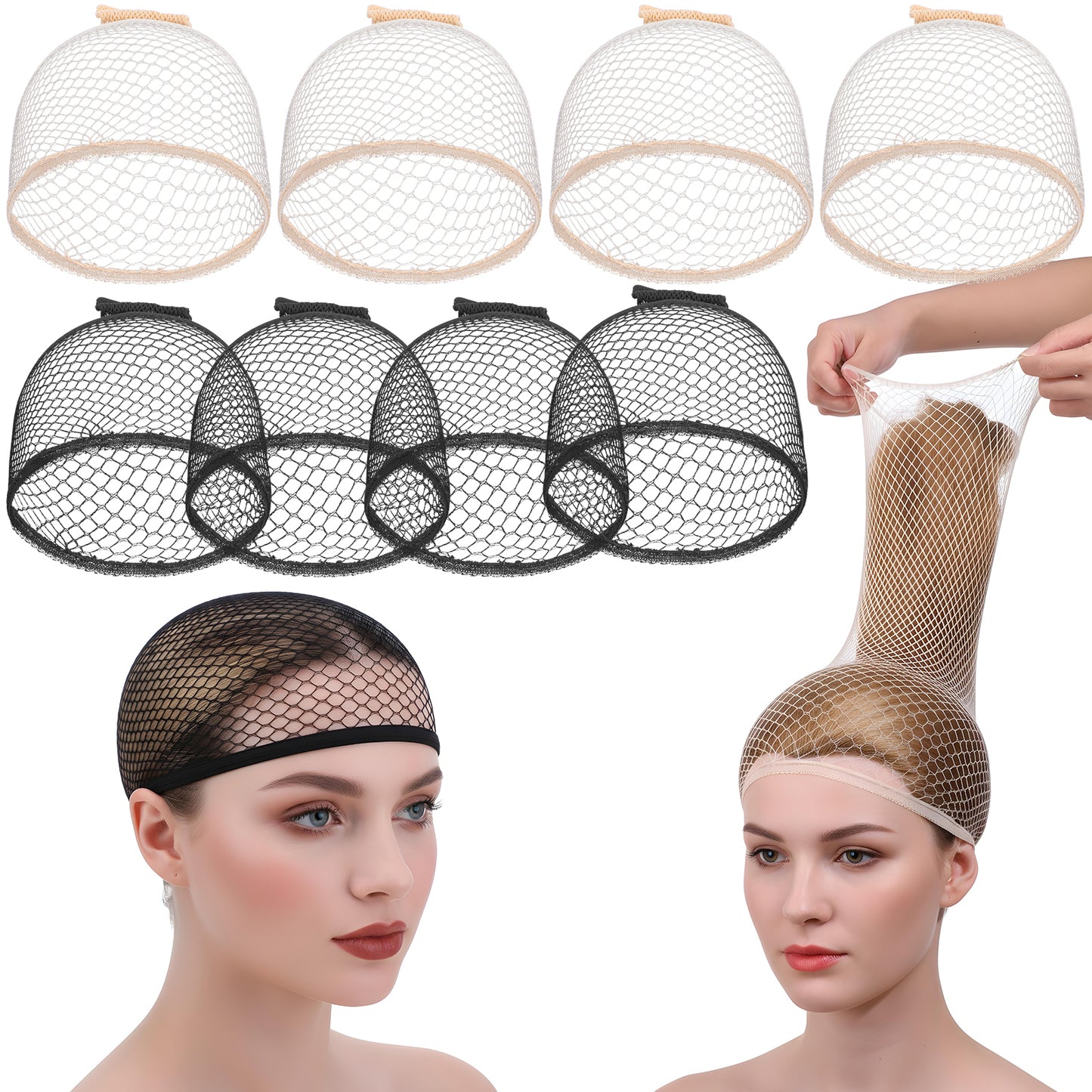 Sibba 8PCS Open-End Wig Caps for Long Short Hair, Large Stretchy Nylon Mesh Weaving Wig Cap Stocking Caps Non Slip, Women Hair Net for Wigs Christmas Carnival Cosplay Party (Beige)