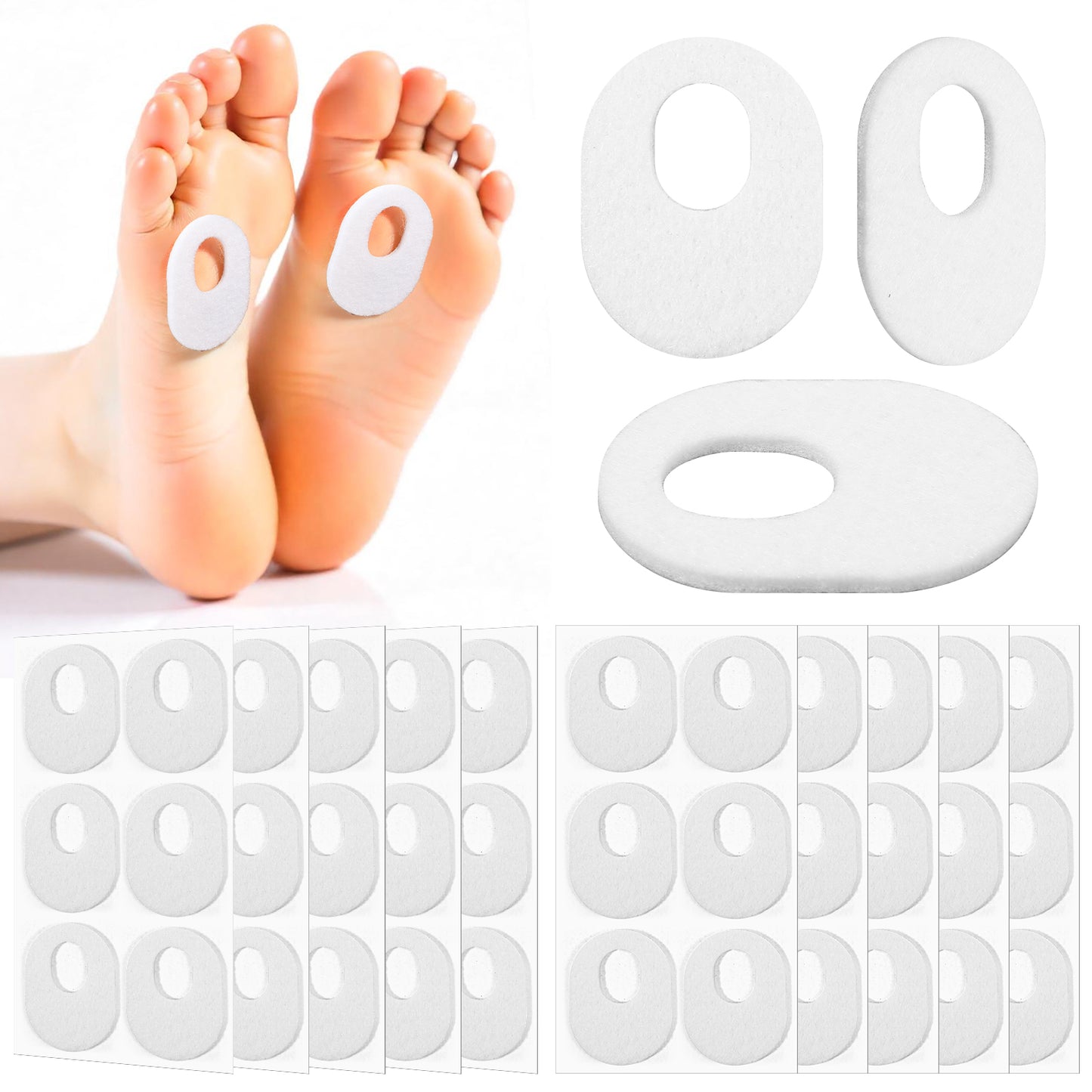 Wanmu 60 Pcs Callus Pads, Soft Felt Callus Cushion Pads for Bottom of Foot Oval Shape Corn Pads, Self Adhesive Foot Callus Cushions, Corn Protectors for Men Women Feet Toes Pain Relief, White
