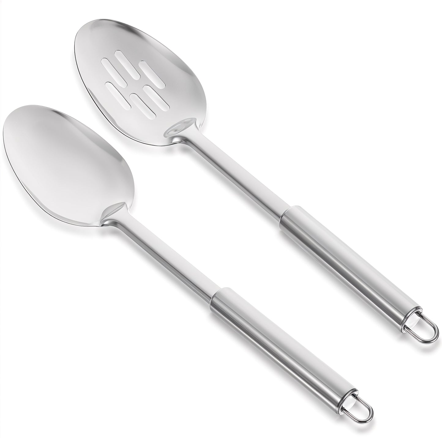 2Pcs Cooking Spoons Set Stainless Steel Serving Spoons Kitchen Solid Slotted Spoon Heat Resistant Handle Soup Ladle Kitchen Cooking Serving Utensils Large Basting Food Ladle for Home Restaurant