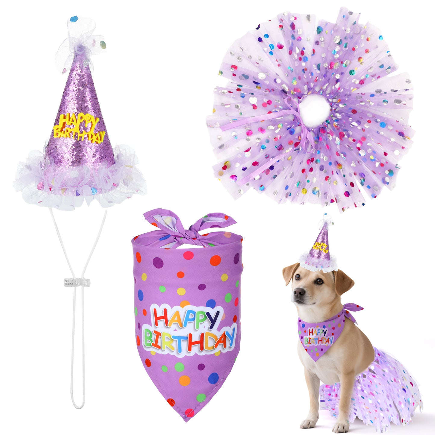 YBEATY Dog Birthday Hat with Glitter Bandana Dress Set Puppy Birthday Party Supplies Cute Tutu Skirt Costume Outfit for Small Medium Large Dogs Cats Kitten Pet Decorations Purple