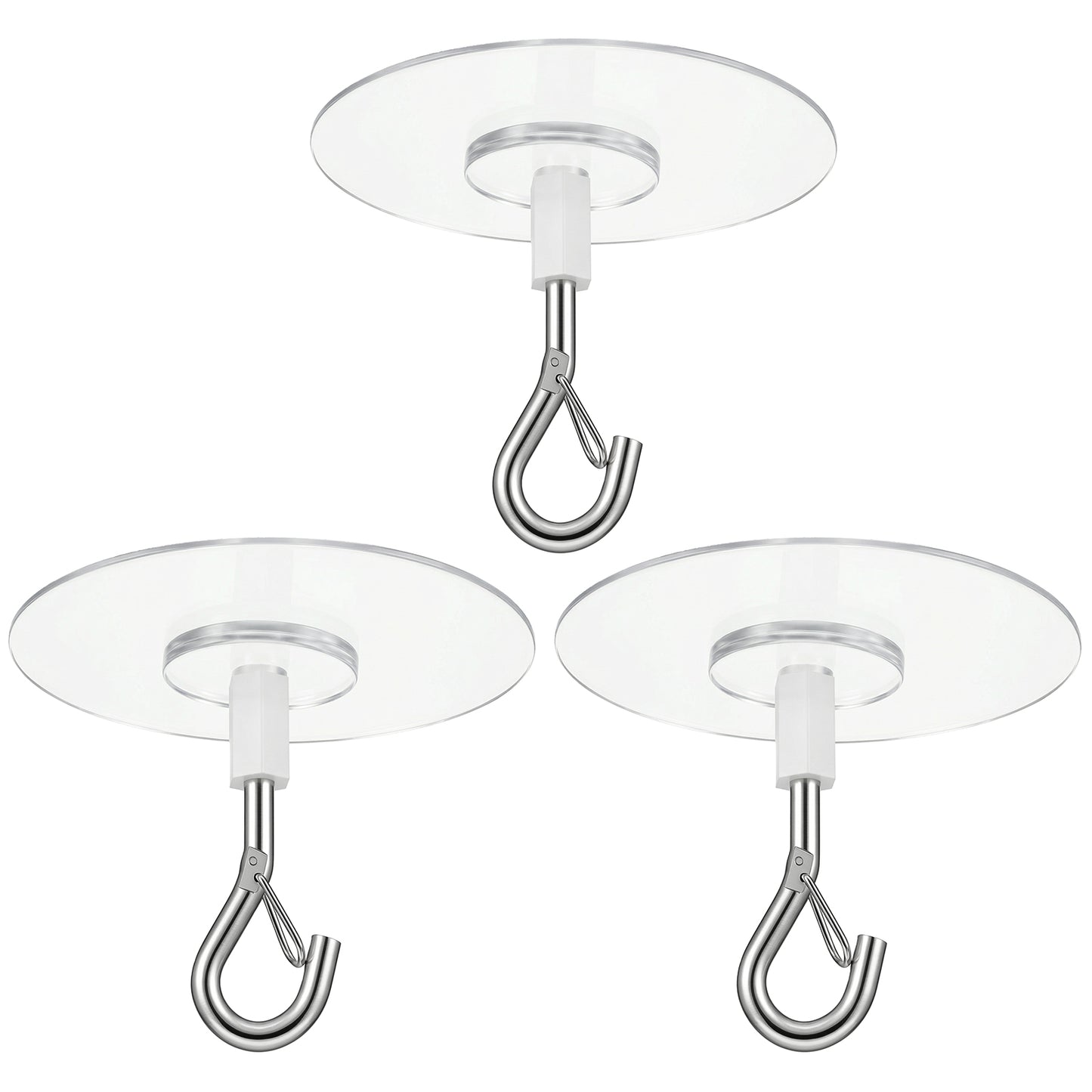Sibba 3 Pack Adhesive Ceiling Hook Heavy Duty Wall Hooks Hanging Transparent Round Drill-Free Hanging Hooks with Safety Clasp Stick-On Ceiling Hook Water Resistant for Plants Wind Chimes Storage