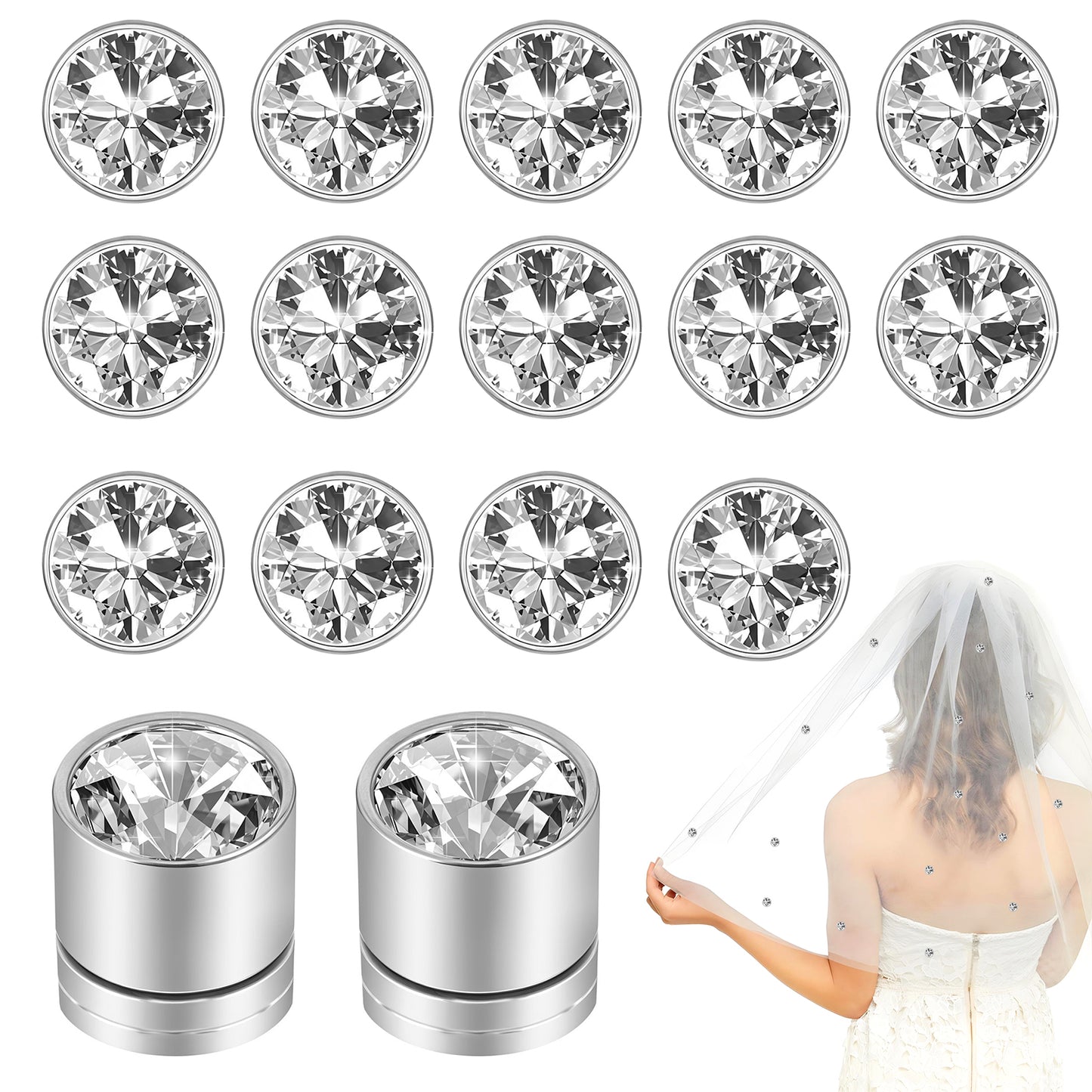 Sibba 16 Pcs Veil Weights Wedding Diamonds Bridal Veil Weights Pearls Elegant Double-sided Artificial Diamonds Rhinestones Crystals Hijab Magnets for Clothes Scarves Women Dress Veil Accessories