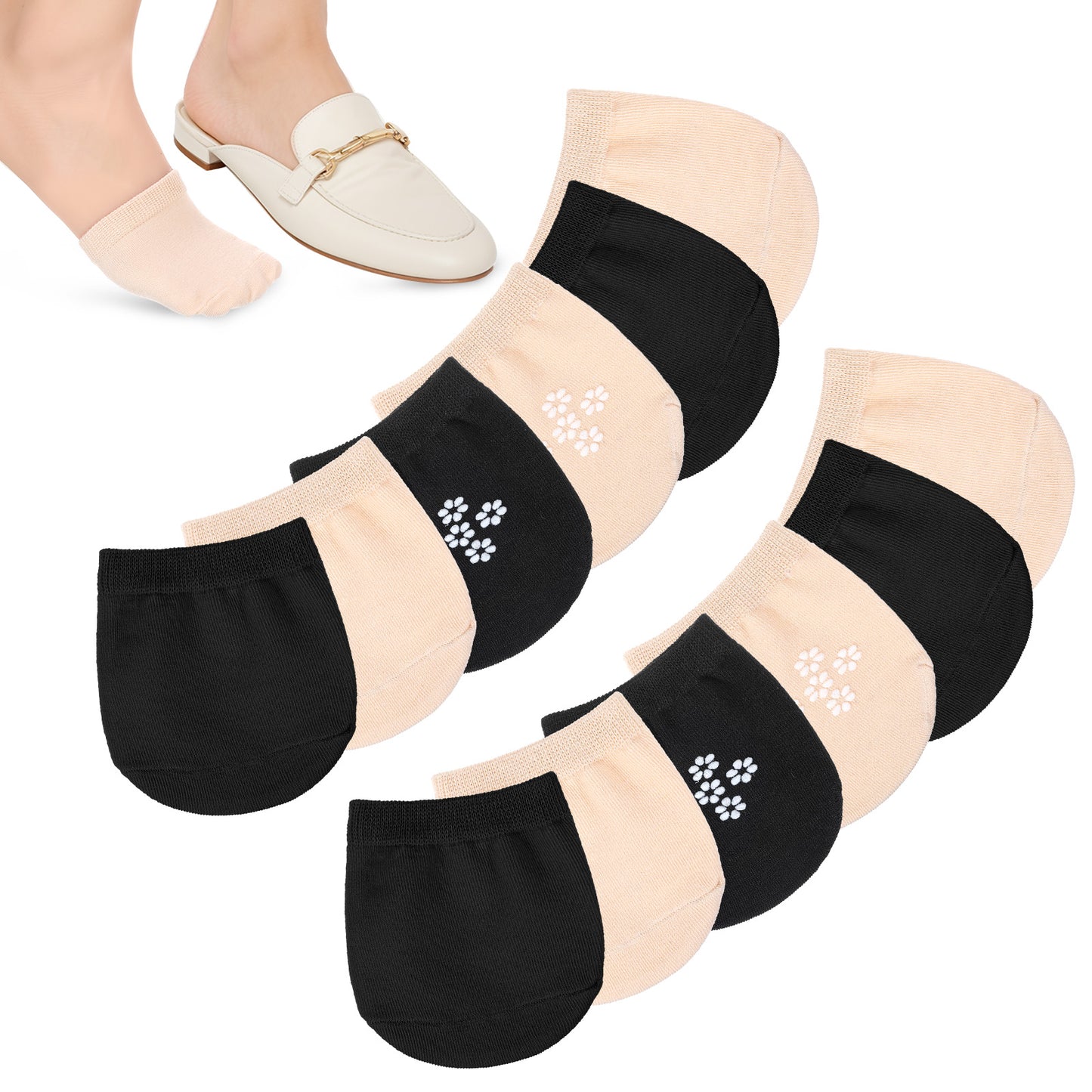 Wanmu 6 Pairs Women's Toe Socks for Mules No Show Liner Half Socks Toe Invisible Non-slip Topper Covers for Clogs (Black, Skin Color)