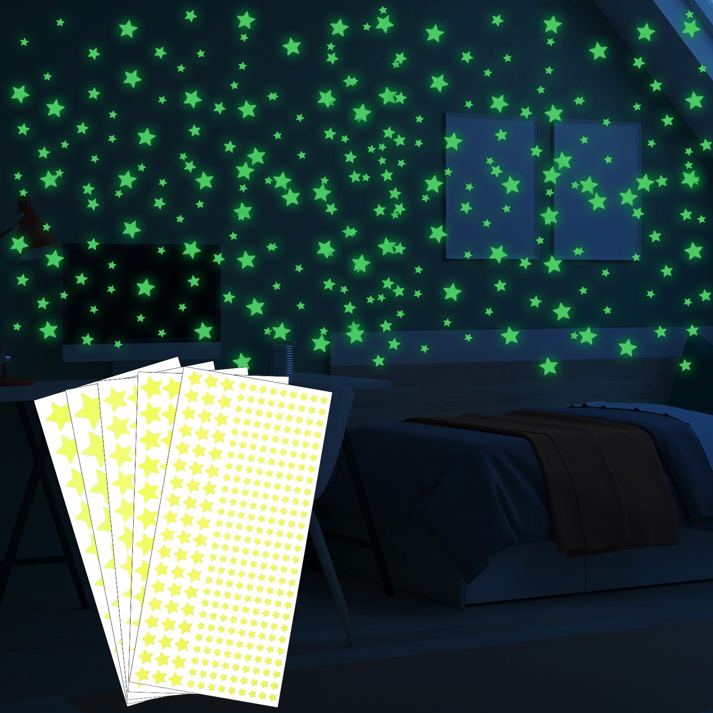 Wanmu 556Pcs Glow in The Dark Stars, 5 Size Bright, Lasting Glow Stickers for Ceiling, Fantastic Glow Wall Decals for Kids Bedding Room or Party Birthday Gift