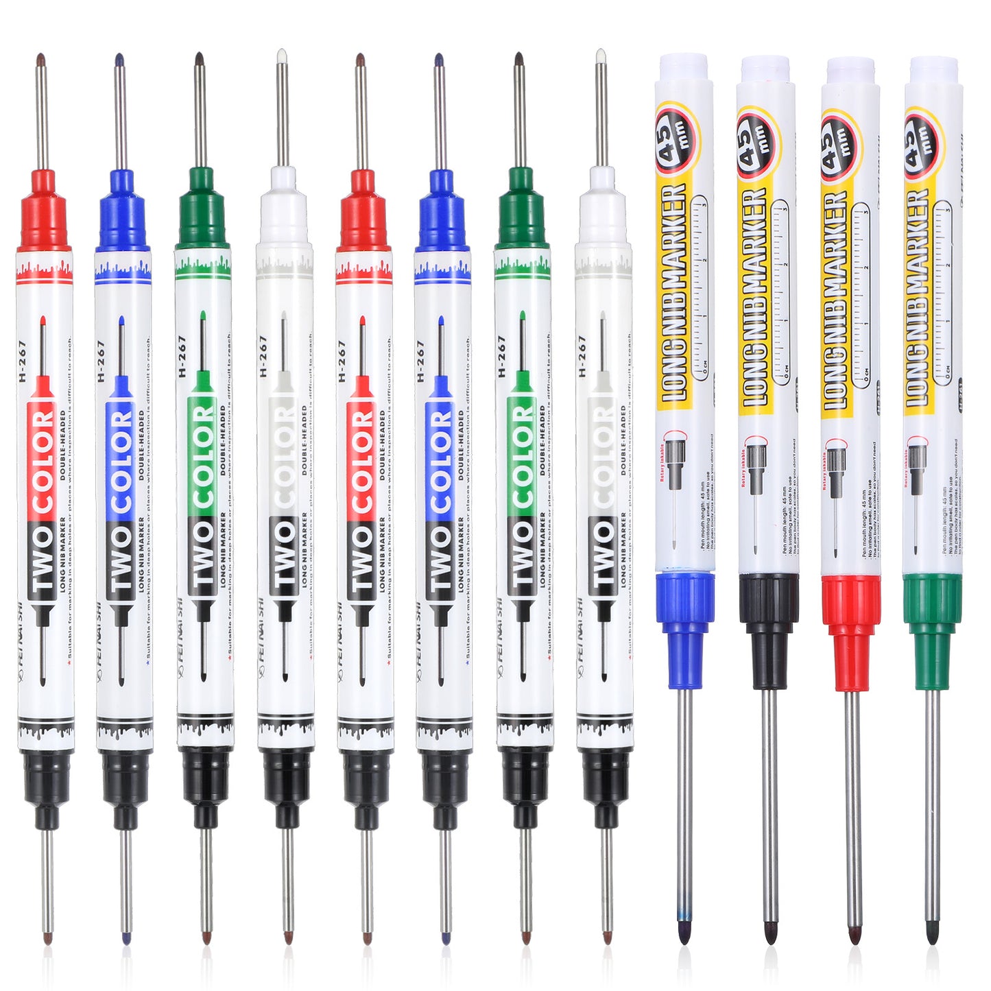 Qianyu 12pcs Long Head Deep Hole Marker Pens, 20mm Dual Tip Long Nib Nose Reach Permanent Marker Waterproof Construction Carpenter Ink Marking Tool for Wood Metal Glass Concrete Steel Tile DIY Project