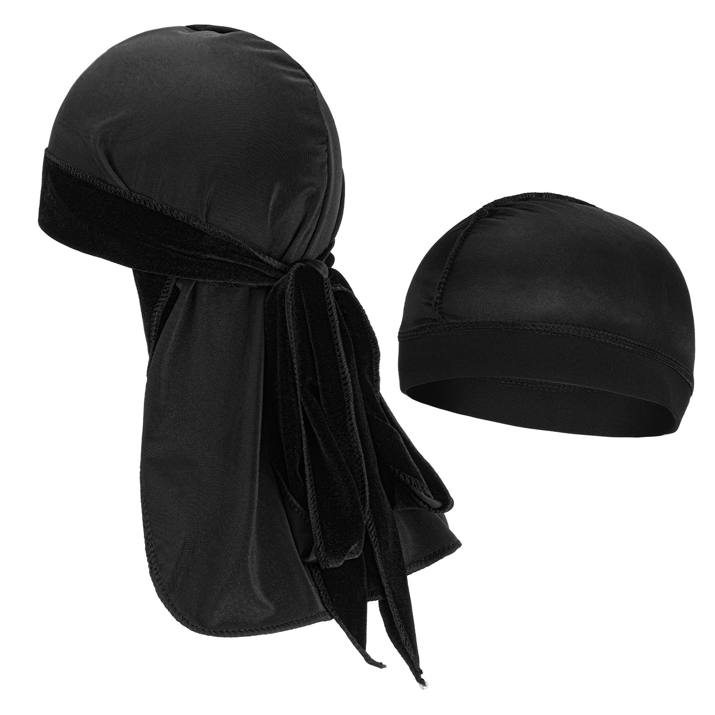 Wanmu Velvet Durag for Men with 1 Wave Cap, Soft 360 Waves Doo Rag, Long Double Wide Straps, One Size Fit Most (Black)