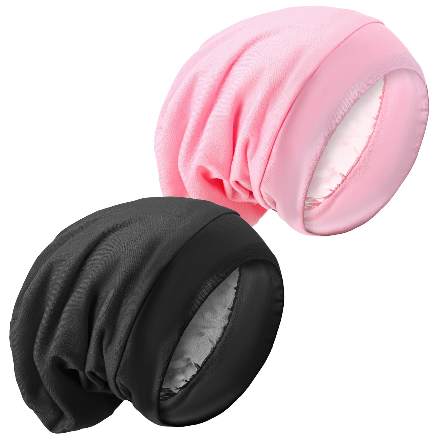 COMNICO Silk Bonnet for Sleeping Women Adjustable Silk Satin Lined Slouchy Beanie Hat Sleep Cap for Curly Hair 2 Pcs (Black+Pink)