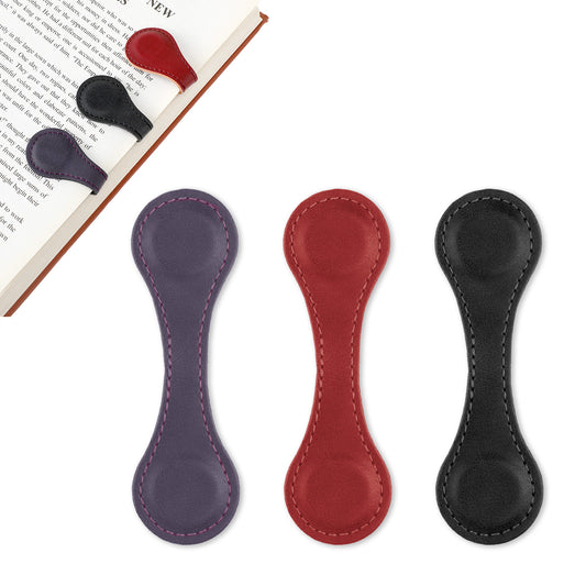Dimeho 3 Pcs Leather Magnet Bookmark Retro Book Marker Clip Vintage Book Page Markup Holder Handmade Reading Accessories for Women Men Bookworm Book Lovers Reader Writer Gift(Black, red, Purple)