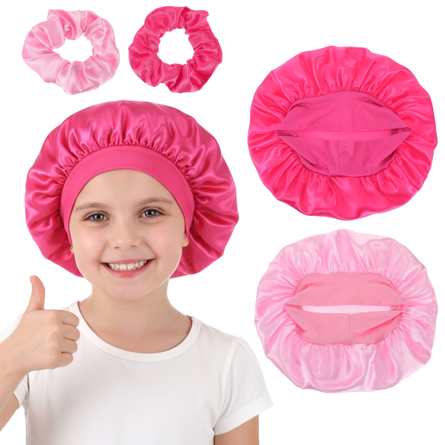 Satin Bonnets for Baby, Kids Bonnets for Girls, Satin Silk Hair Bonnet for Sleeping, 2 Pcs Silk Sleep Cap and 2 Pcs Soft Pink Hairs Tie for Curly Hair Braids for Teens Child Toddler