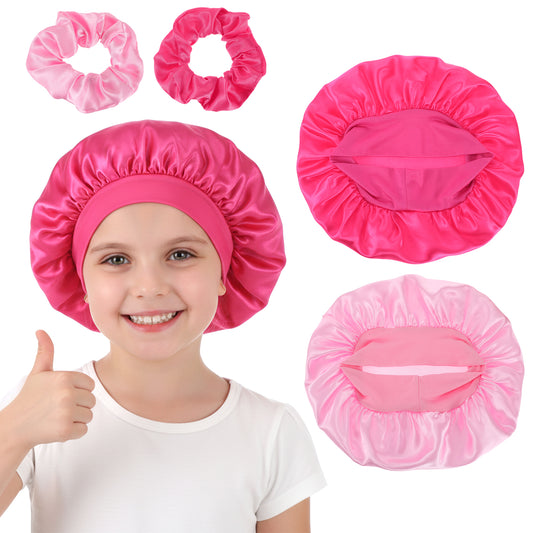 Satin Bonnets for Baby, Kids Bonnets for Girls, Satin Silk Hair Bonnet for Sleeping, 2 Pcs Silk Sleep Cap and 2 Pcs Soft Pink Hairs Tie for Curly Hair Braids for Teens Child Toddler