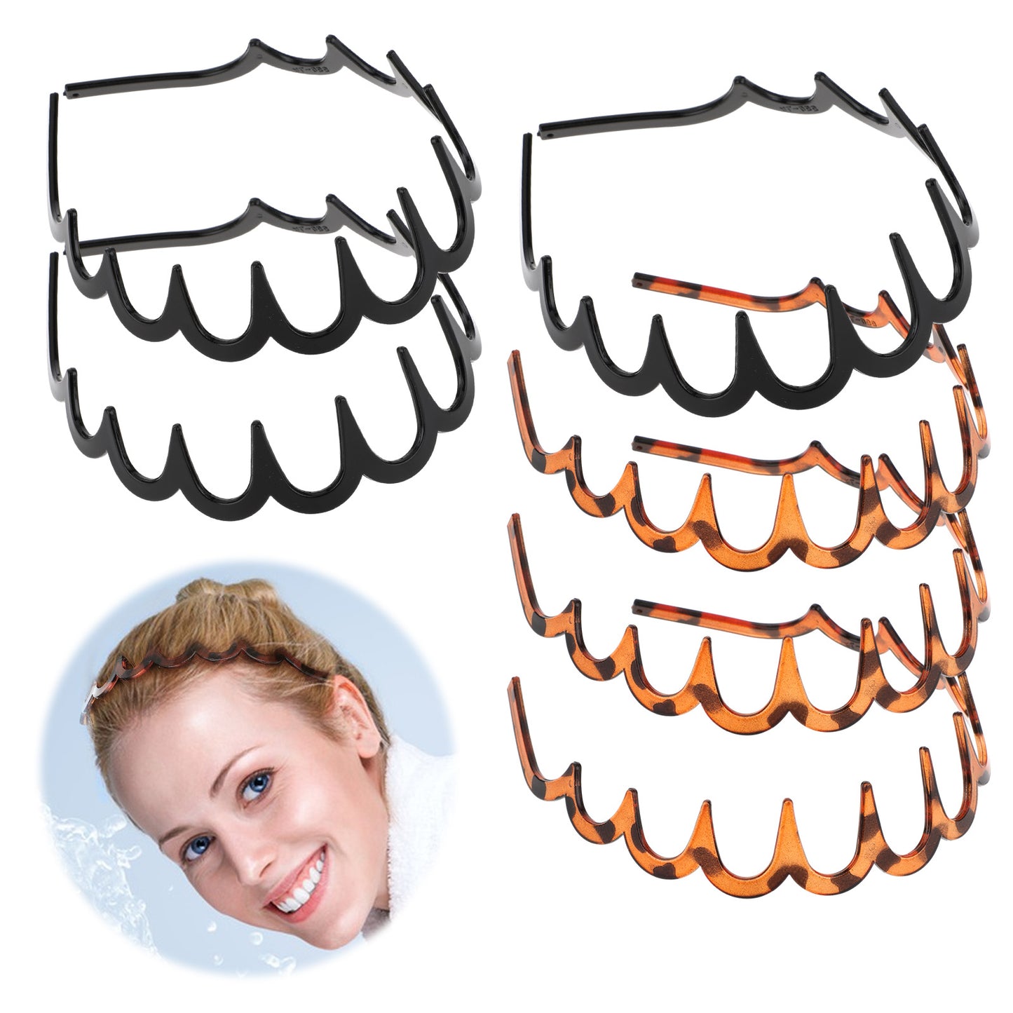 Wanmu 6 Pcs Zig Zag Headbands, Wavy Shark Tooth Hairband, Plastic Non Slip Hair Bands Hoop Accessories with Teeth for Women, Lady, Girl, Teen, Men - Black, Leopard-print Style
