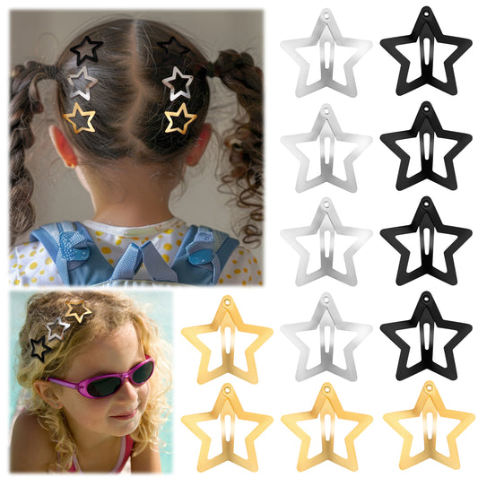 Wanmu 12Pcs Star Snap Hair Clips Accessories, 1.61" Y2K Fashion Metal Cute Hair Barrettes for Girls Women, Silver/Gold/Black Clips Rave Festival Accessories, Non-Slip Goth Hair Clips