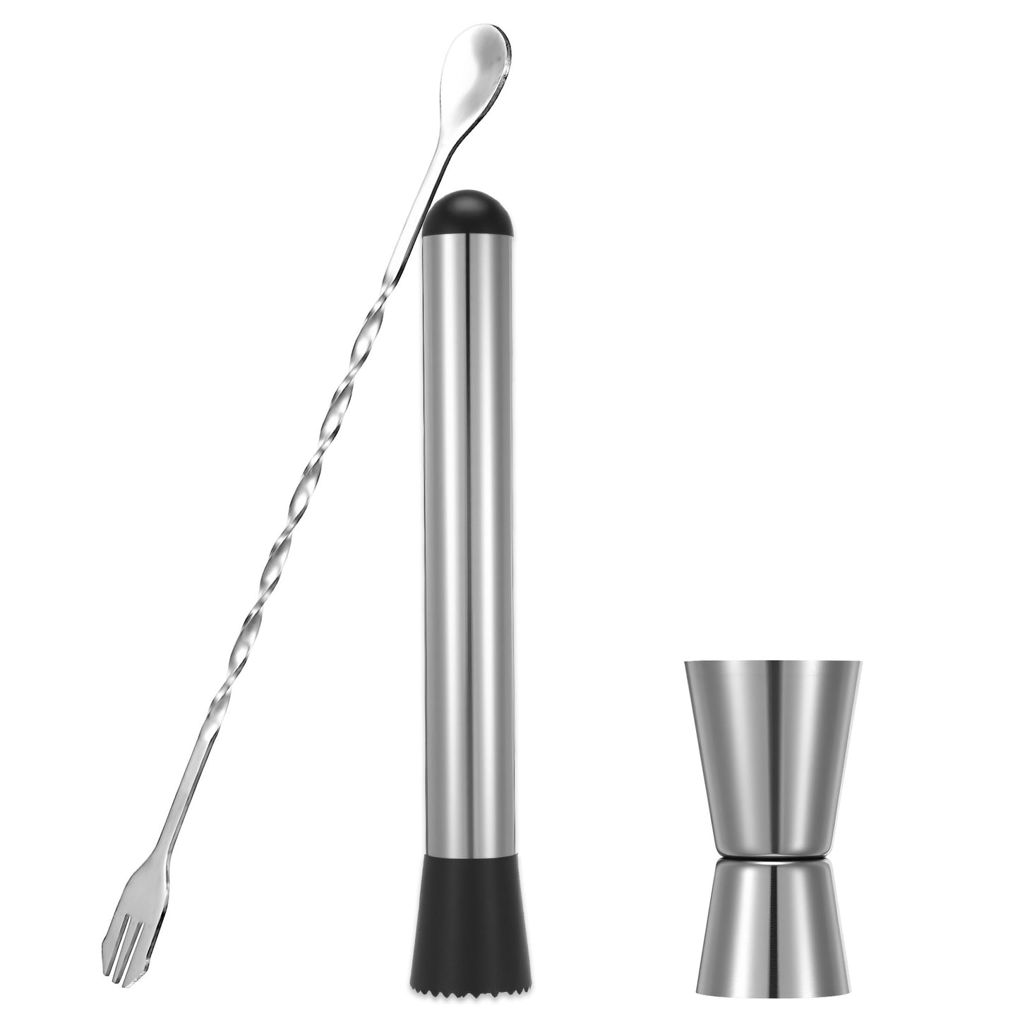 Wanmu 3-Pcs Muddler for Cocktails Set, 10" Long Handle Bar Spoon with 0.5/1 OZ Double Jigger, Rust-Resistant Stainless Steel Bar Accessories Tools for Mojitos Fruit Drinks Mixing