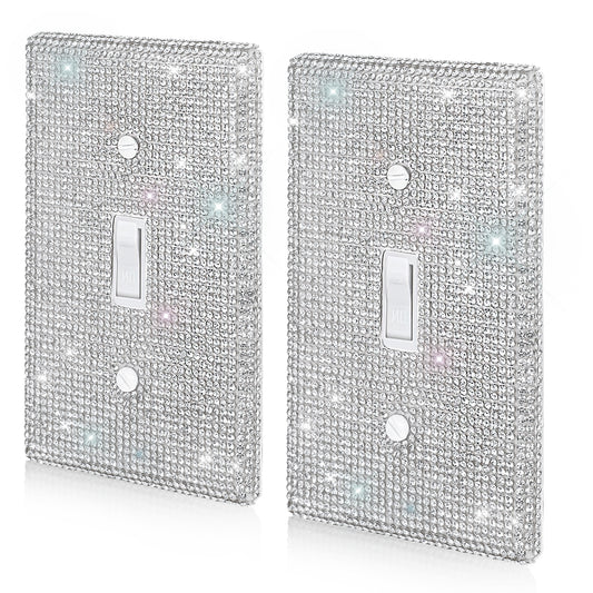 COMNICO Shiny Rhinestones Wall Plate, 2 Pcs Light Switch Cover Silver Durable Glitter Outlet Covers Sparkly Diamond Plate Decorative Accessories for Home Decor