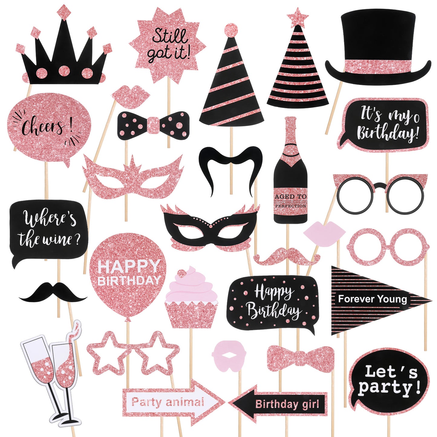 Sibba 30 Pcs Birthday Photo Booth Props, Happy Birthday Selfie Party Supplies Cute Bday Designs, Black Pink Party Decorations for Bday Mardi Gras Wedding New Year