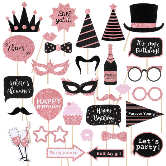 Sibba 30 Pcs Birthday Photo Booth Props, Happy Birthday Selfie Party Supplies Cute Bday Designs, Black Pink Party Decorations for Bday Mardi Gras Wedding New Year