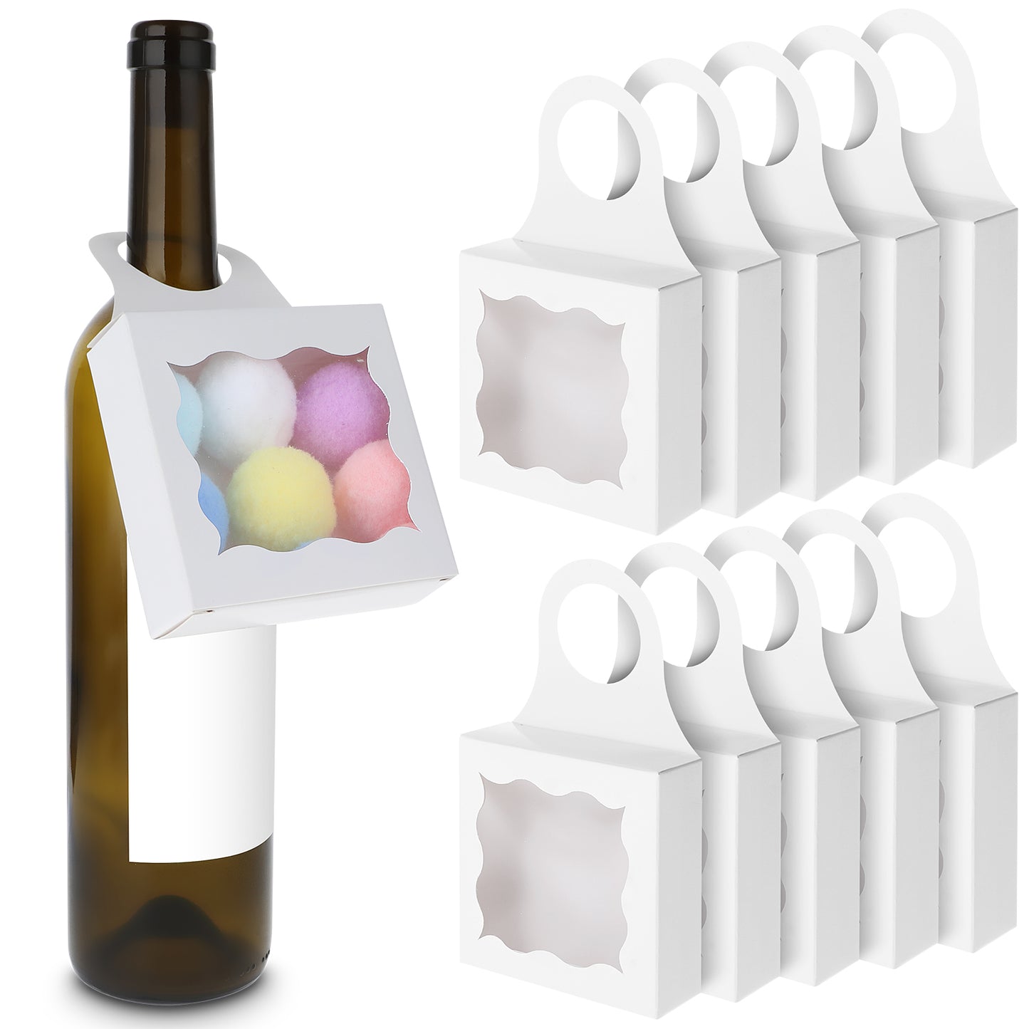 Sibba 10 Pcs Kraft Paper Wine Bottle Box with Window Handles Package Hanging Foldable Gift Wine Accessory Sets Folding White Bags for Kitchen Dining Engagement Christmas Anniversary