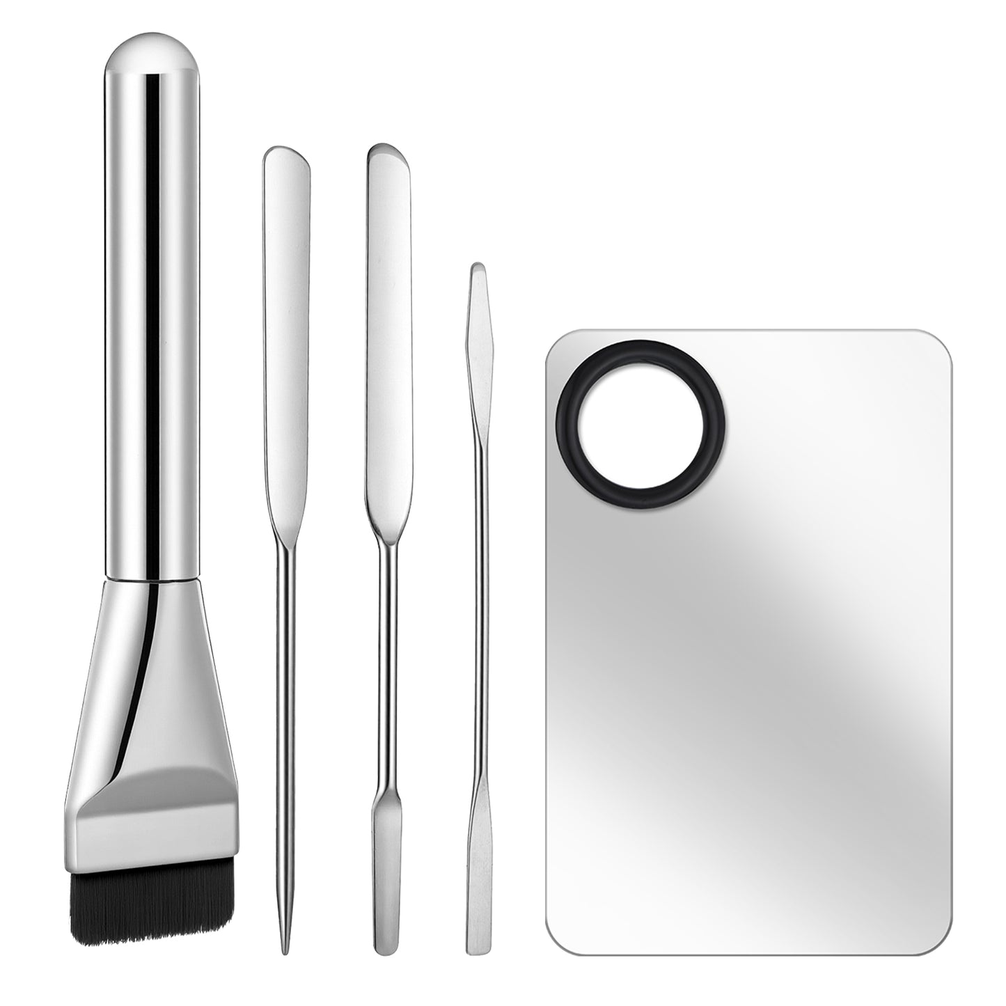 5Pcs Makeup Brush Set Makeup Palette Tray Foundation Brush 3 Size Spatulas Stainless Steel Cosmetic Palette Mixer Nail Art Tray Professional Make Up Artist Tool For Nailart Eyeshadow Eyelash Pigment