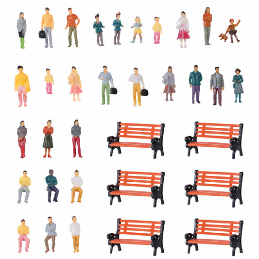 Sibba 100 Mini People Figurines and 6 Bench Set, 1: 100 Scale Little People Toys Tiny Model Seated and Standing Passengers for Miniature Scenes Model Train Railway Layout