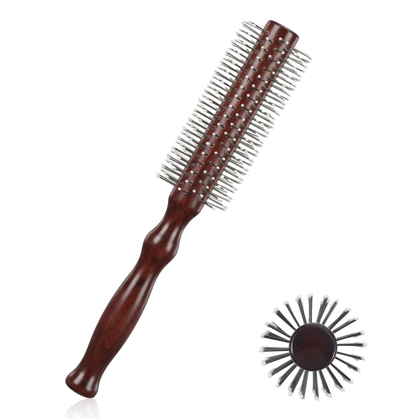 FNANJWQ Small Round Brush for Short Hair, Men Beard Brush, Roller Brushes for Blow Drying, Professional Smoothing and Curling Brushes, Reddish brown Wood