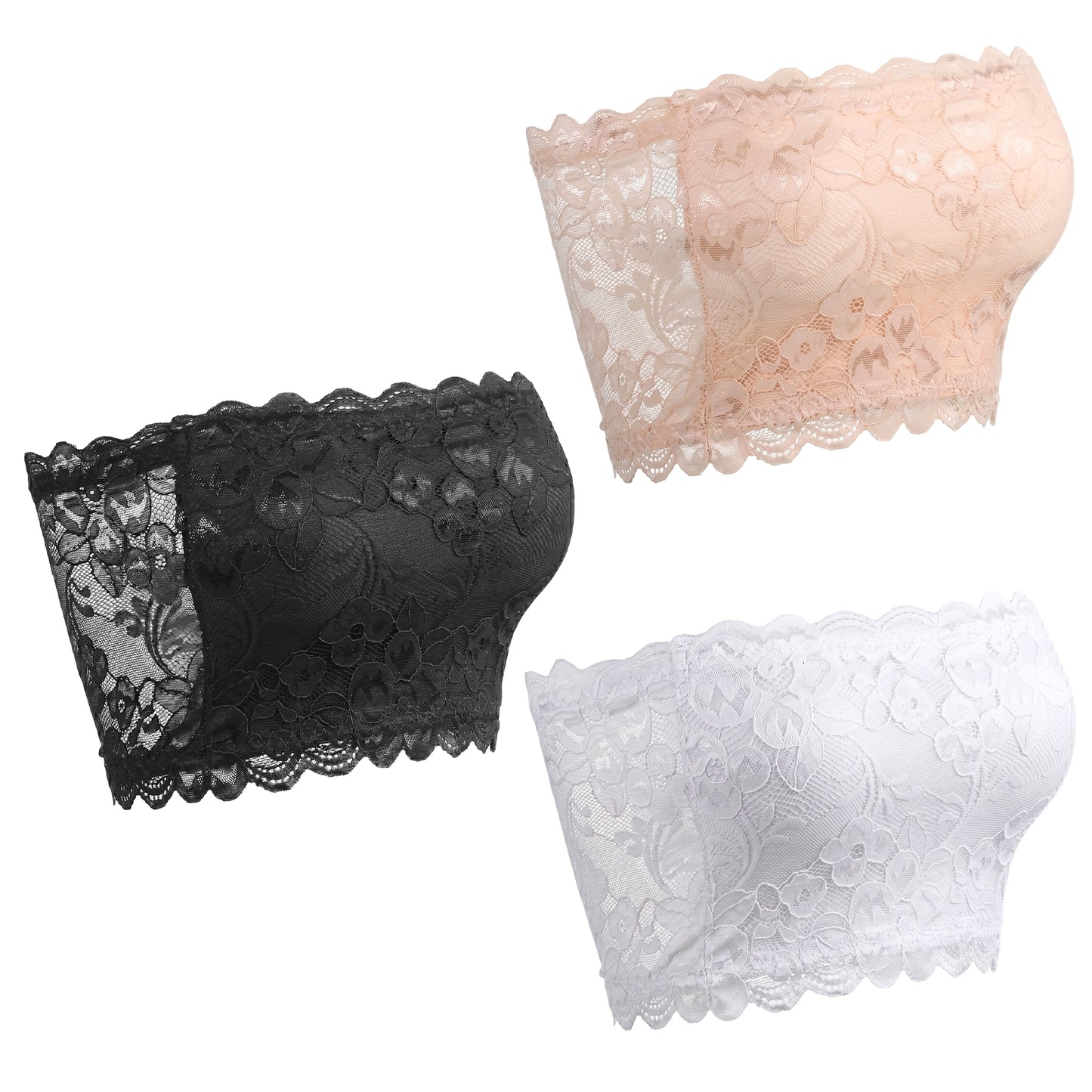QFGasre Lace Tube Top Bra, 3 Pcs Women's Floral Bandeau Bra