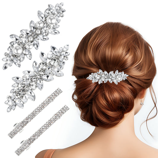 Bridal Hairpins 4 PCS Pearl Hair Clips Silver Rhinestone Jewelry for Women Bride Decorative Wedding Headpieces for Brides Updo Hairstyles Ornaments Bridesmaid Hair Styling Pins Outfit