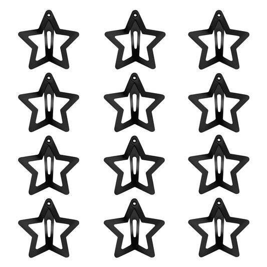 12PCS Metal Star Snap Hair Clips, 1.6 Inches Star Hair Clips for Kids Girls and Women, Silver/Gold/Black Star Snap Hair Barrettes, Non-Slip 2000s Y2K Star Cute Snap Hair Accessories(Black)