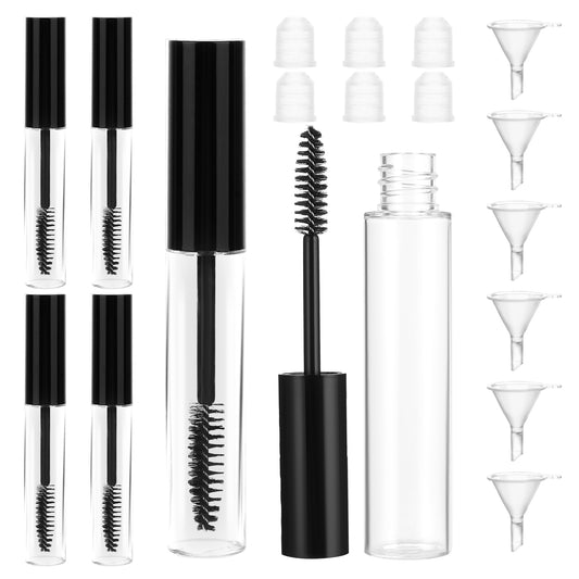 COMNICO 6 Pcs 10ml Empty Mascara Tube Bottle with 6 Pcs Rubber Inserts and Funnels Transfer Pipettes Eyelash Cream Container Bottle for Castor Oil Eyelash Growth Oil Travel Cosmetics Kit