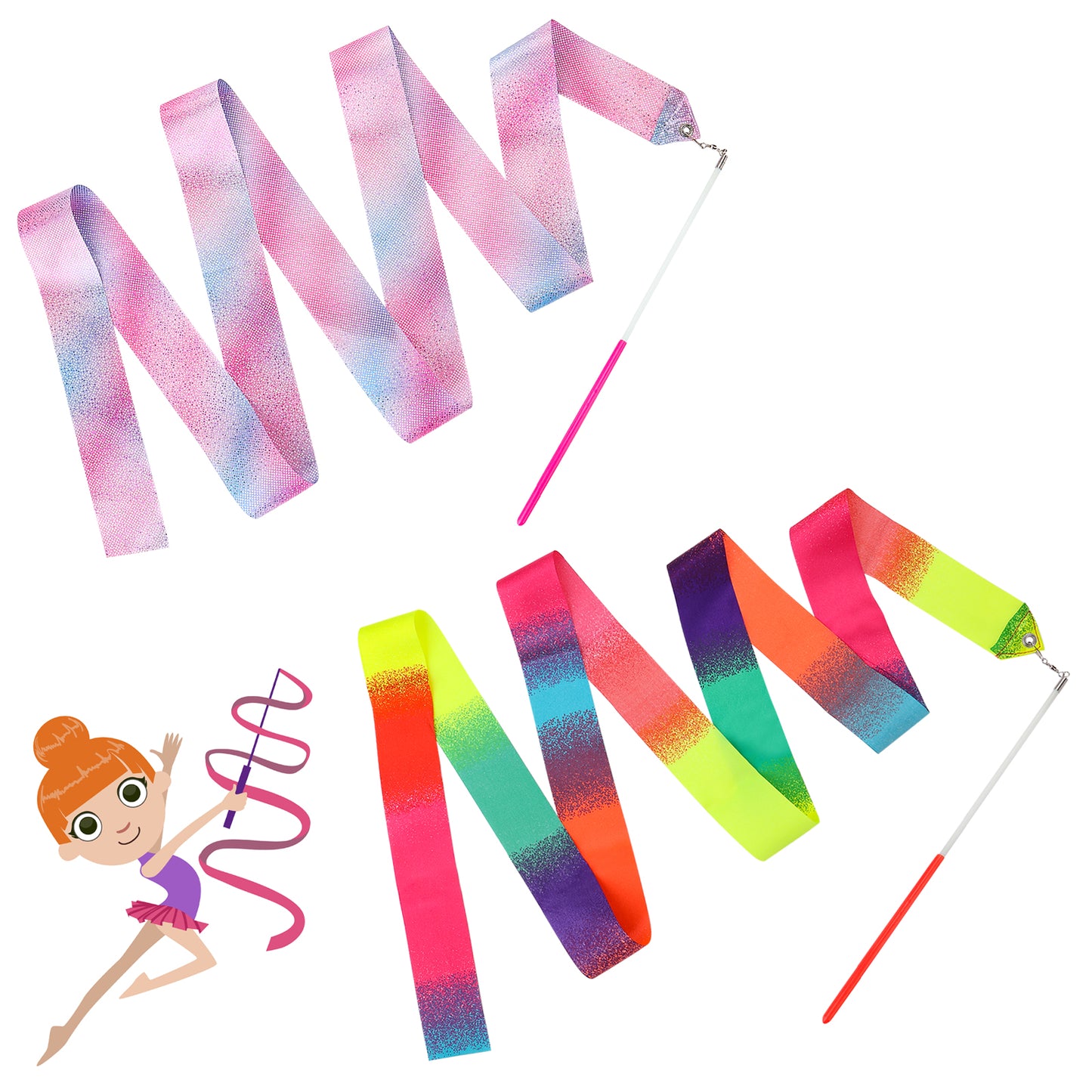 2pcs Dance Ribbons Rainbow Gymnastics Ribbon for Kids Dancer Dance Twirling Sticks Streamers for Artistic Dancing Talent Shows Dance Floor Party Props Rhythmic Baton for Circus Carnival Shows