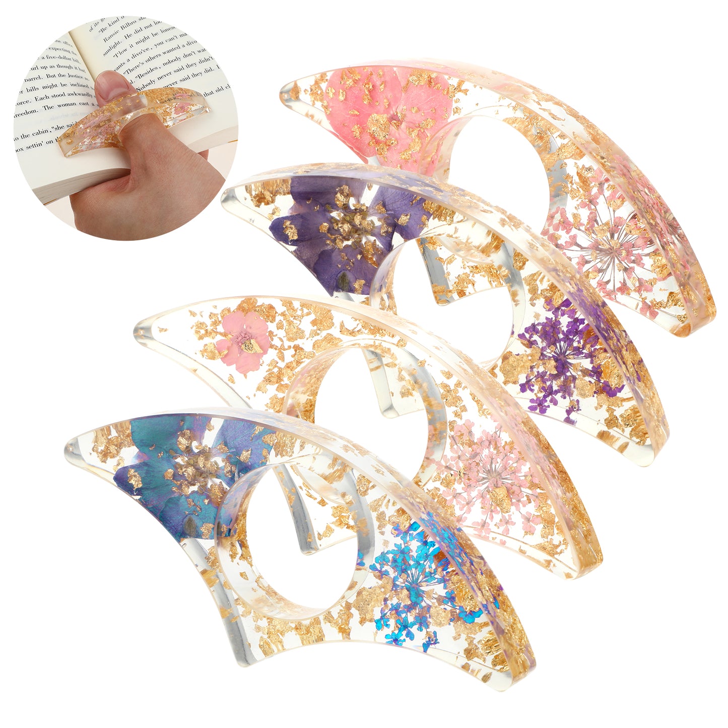 Wanmu 4Pcs Book Page Holder, Dried Flower Resin Book Page Holder, Thumb Book Page Holder, Personalized Flower Resin Page Holder, Reading Accessories Gift for Teachers Book Lovers Literary