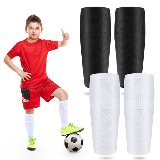 COMNICO Shin Guard Sleeves, 2 Pairs Soccer Shin Guard Covers Soft Breathable Black and White Calf Shin Guard Socks with lnsert Pocket for Men Beginners Youth Adult Soccer Sports