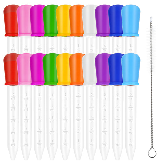 Dimeho 20 PCS Liquid Droppers Silicone 5ml Clear Pipettes Transfer Eyedropper with Clean Brush Plastic Liquid Pipettes Droppers with Bulb Tip for Candy Molds, Feeding, Bear Crafts Making