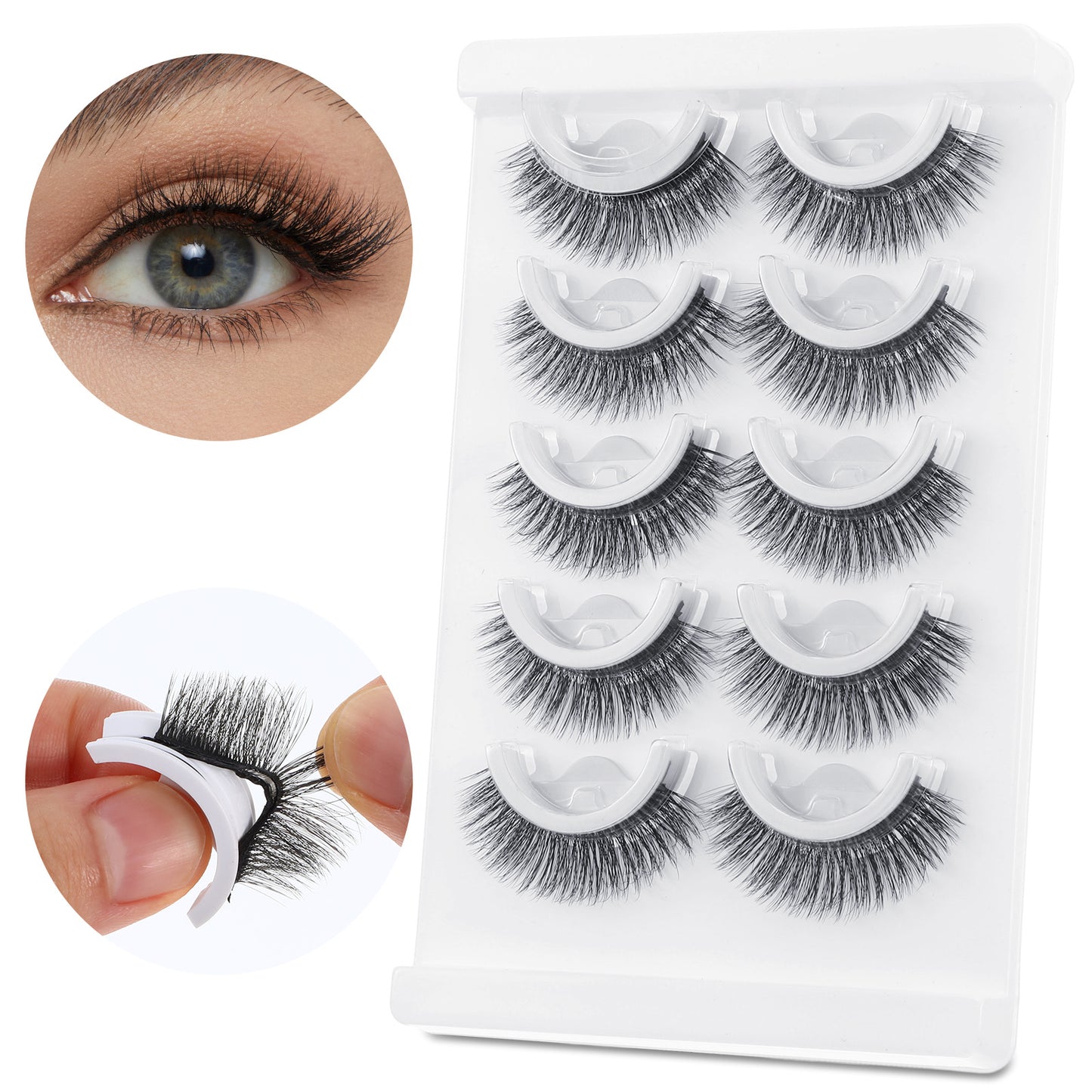 5 Pairs Self Adhesive Eyelashes 12mm Natural Pre-glued Easy Eyelashes No Glue Natural Look Fake Lashes Press on Lashes Wispy Strip Lash Cat Eye False Eyelash for Beginners