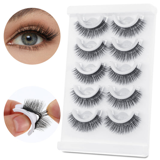 5 Pairs Self Adhesive Eyelashes 12mm Natural Pre-glued Easy Eyelashes No Glue Natural Look Fake Lashes Press on Lashes Wispy Strip Lash Cat Eye False Eyelash for Beginners