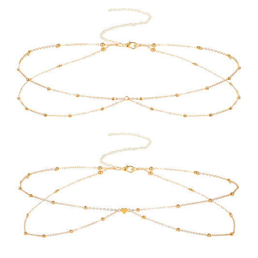 2 Pcs Gold Waist Chain Layered Satellite Beach Body Chain Adjustable Rope Waist Chains Waterproof Bikini Belly Chains Boho Heart Pendant Belly Belt Dainty Summer Jewelry Accessories for Women