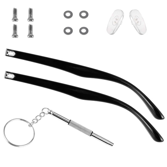 1 Pair Glasses Replacement Temple Black Eyeglasses Arms Legs Universal Glasses Repair Kit Eyeglasses Replacement Accessories DIY Temples With Screws Washers Screwdrivers Nose Pads for Glass Sunglasses