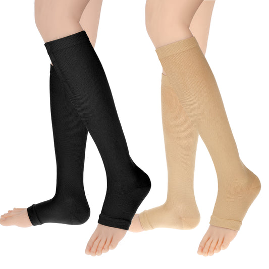 Dimeho 2 Pairs Open Toe Compression Socks, 15-20 mmHg Compression Stockings for Women and Men Knee High Length Toeless Compression Socks for Circulation Support, Medium, Beige/Black
