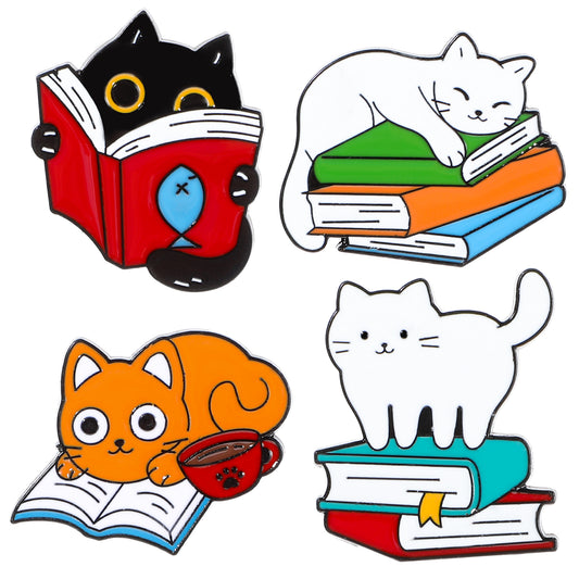 Cat Enamel Brooch Funny Cartoon Animal Pin Cute Alloy Lapel Pins Halloween Cat Decoration Badge Clip for Clothes Backpacks Jackets Bags Hat Valentine's Day Gift Party (Reading Cat, 4)