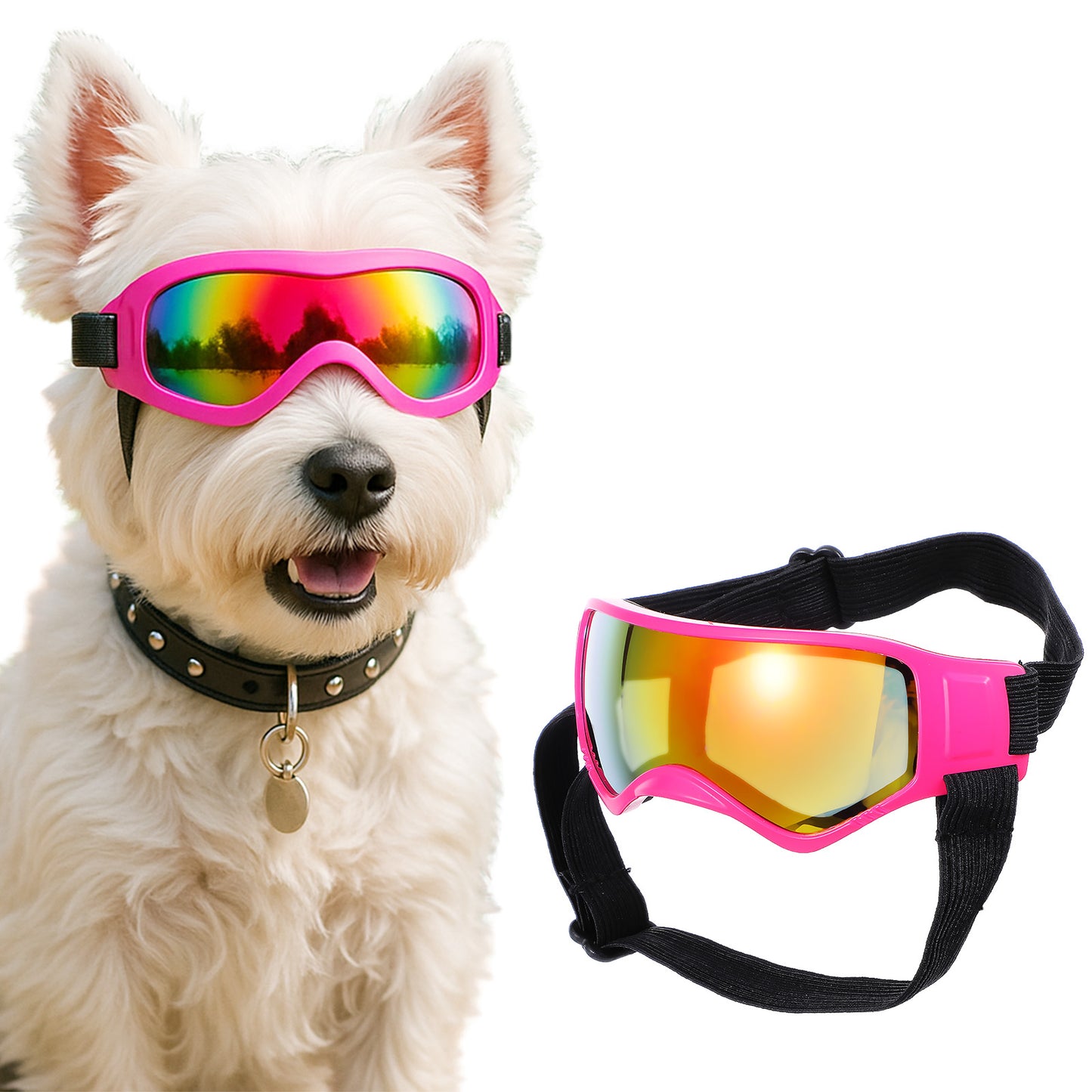 Wanmu Dog Sunglasses, Small Breed Dog Goggles with UV Protection, Windproof Dustproof Puppy Glasses with Adjustable Head Straps for Outdoor Riding, Driving, Hiking, Travel, Beach(Pink)