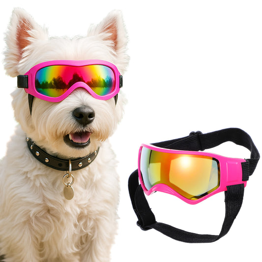 Wanmu Dog Sunglasses, Small Breed Dog Goggles with UV Protection, Windproof Dustproof Puppy Glasses with Adjustable Head Straps for Outdoor Riding, Driving, Hiking, Travel, Beach(Pink)
